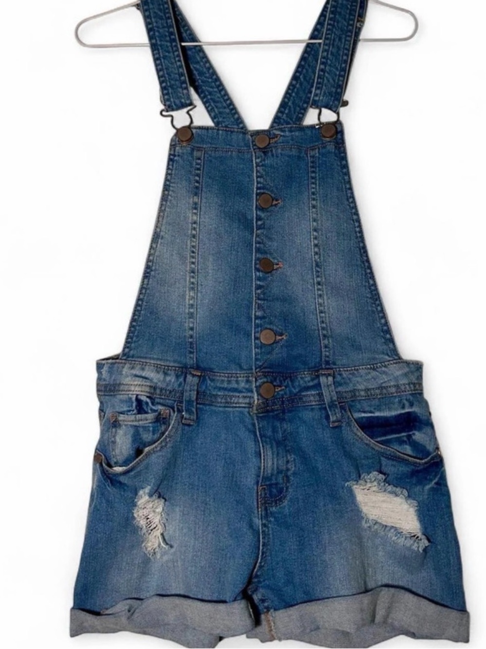 Tinseltown Washed Blue Distressed Denim Short Overalls